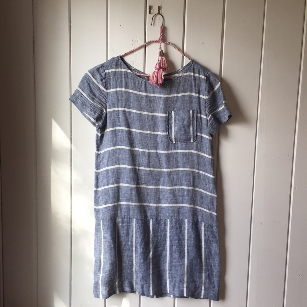 Lou Grey Blue Linen Striped Short Sleeve Dress XS